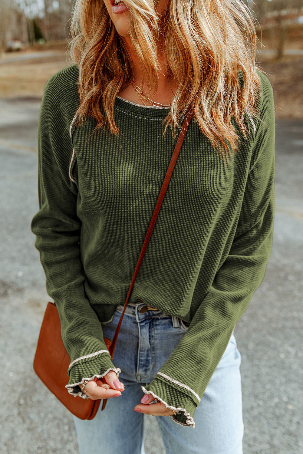 Green Textured Round Neck Long Sleeve Top