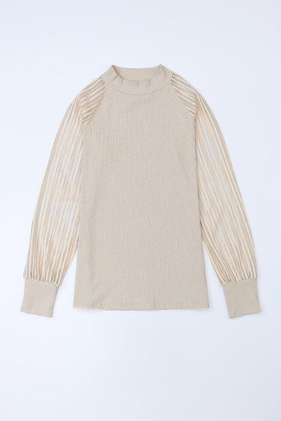 Apricot Striped Mesh Long Sleeve Crewneck Ribbed Top