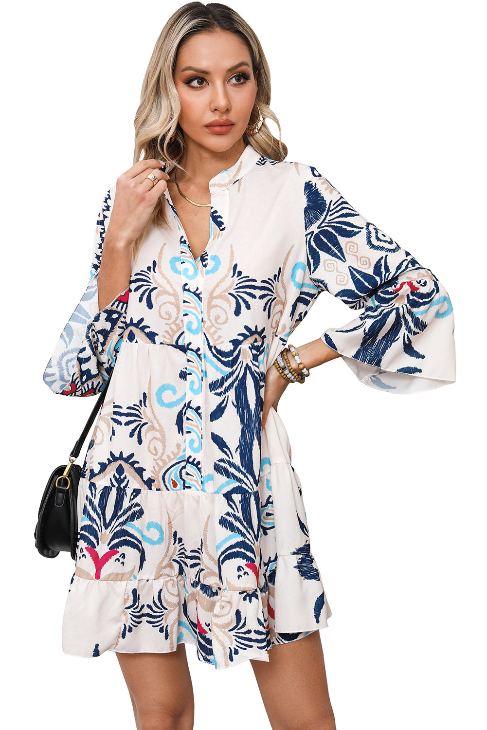 White Printed Tribal Bracelet Sleeve Buttoned Mini Dress