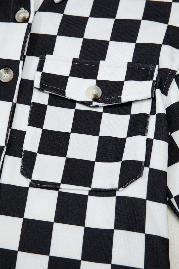 Black Checkerboard Flap Pocket Button Front Shacket