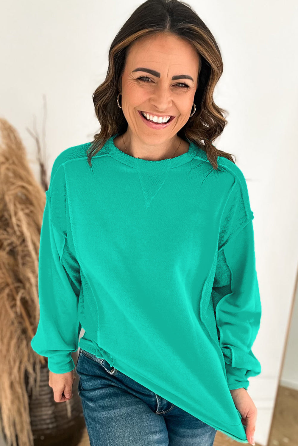 Mint Green Splicing Round Neck Pullover Sweatshirt