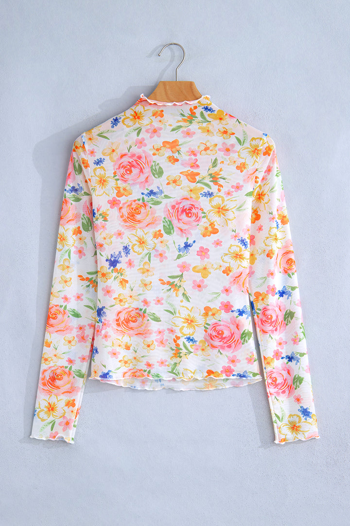 White Lettuce Trim Floral Print Sheer Mesh Long Sleeve Top