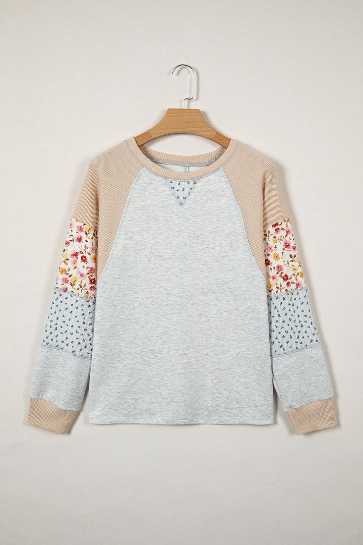 Light Grey Mixed Print Raglan Sleeve Patchwork Exposed Seam Pullover Top