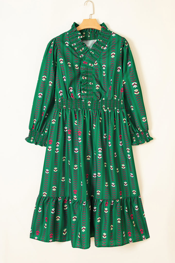 Green Floral Print V Neck Long Sleeve Shift Plus Size Dress
