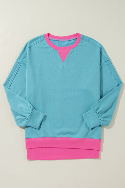 Light Blue Colorblock Patchwork Crew Neck Loose Sweatshirt