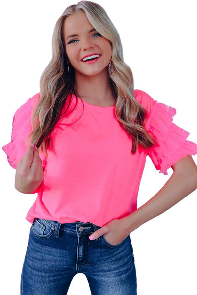 Pink Tulle Ruffle Sleeve Blouse