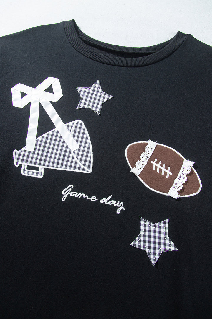 Black Rugby Game Day Patchwork Graphic Plus Size Sweatshirt