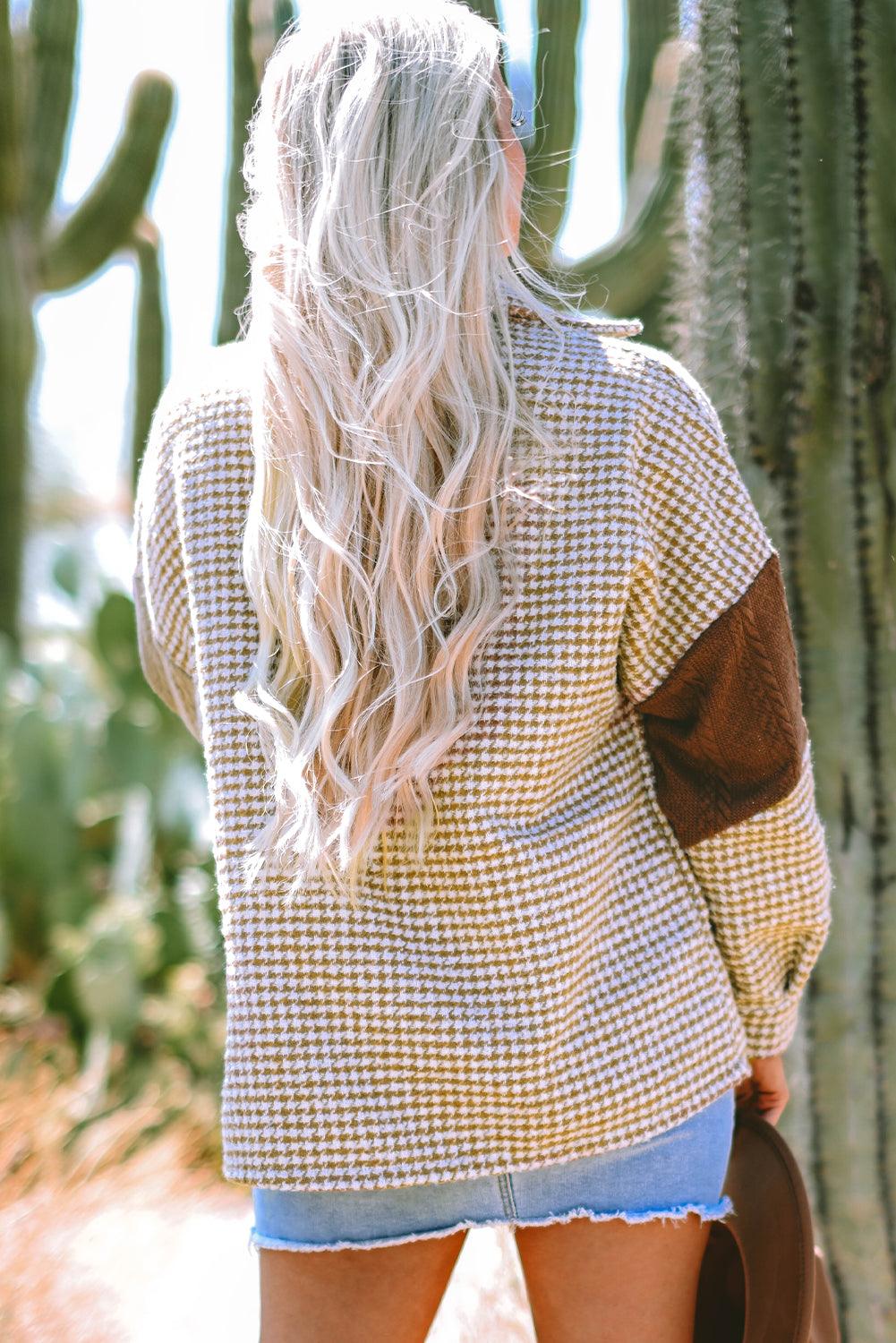 Back view of khaki houndstooth shacket in outdoor setting