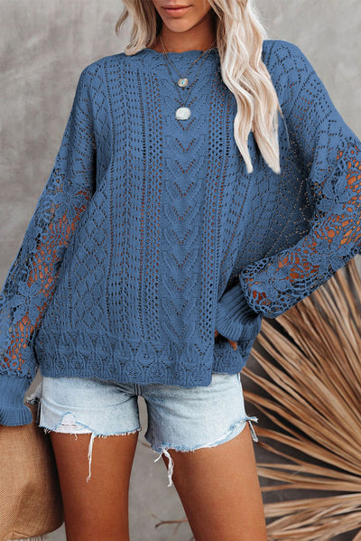 Blue Crochet Lace Pointelle Knit Sweater