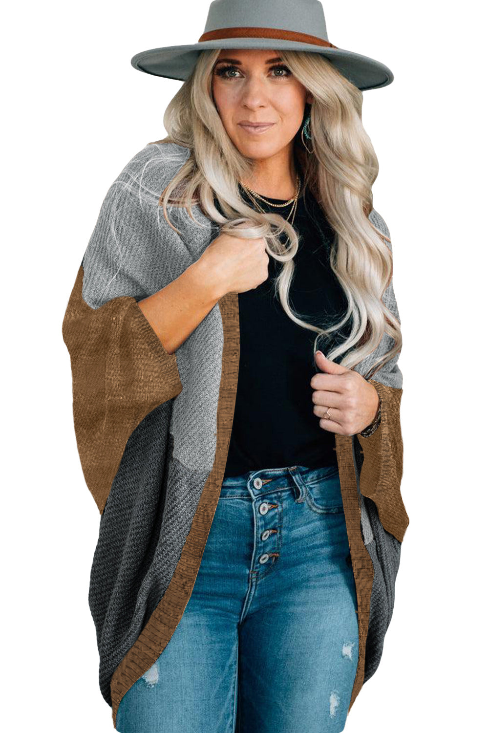 Gray Neutral Colorblock Drapey Cardigan