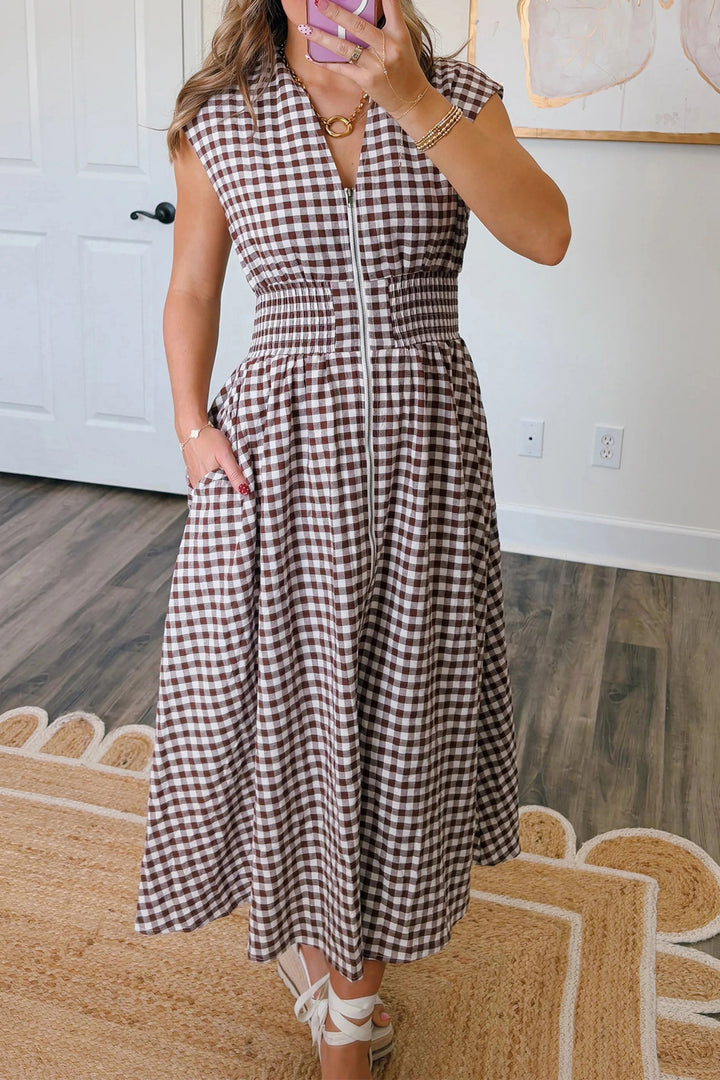Coffee Plaid Print Full Zipper Cinched Waist Fit Flare Sleeveless Maxi Dress