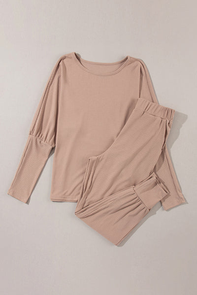 Parchment Ribbed Dolman Sleeve Top and Pocketed Pants Set