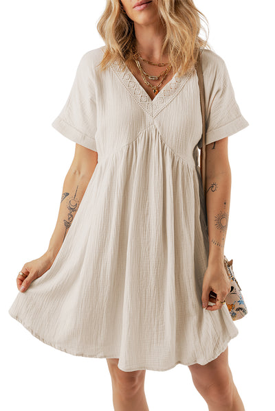 Beige Folded Short Sleeve Lace V Neck Mini Dress