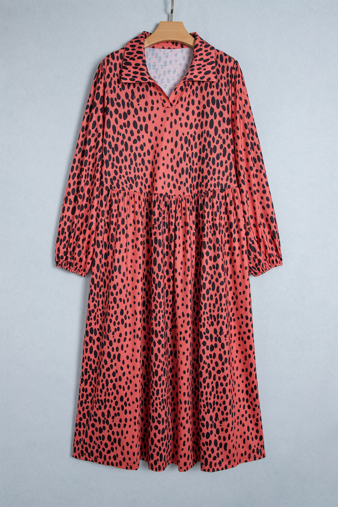 Red Leopard Print Long Sleeve V Neck Plus Size Midi Dress