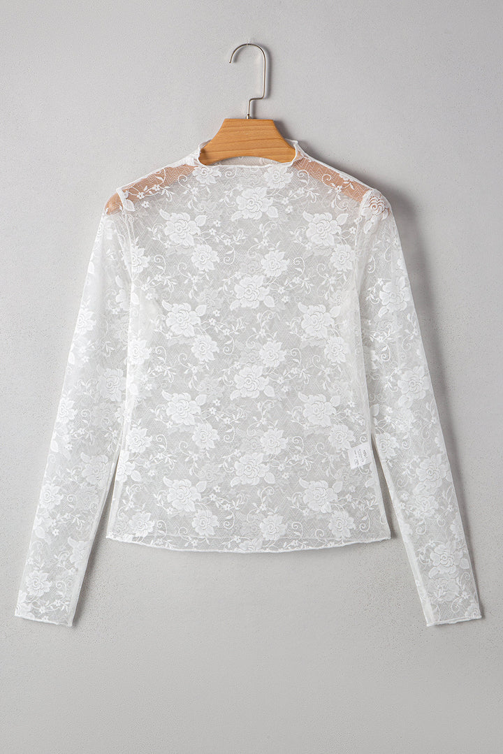 Myla Sheer Floral Lace Mesh Mock Neck Long Sleeve Top