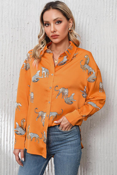 Russet Orange Cheetah Animal Print Button Up Satin Shirt