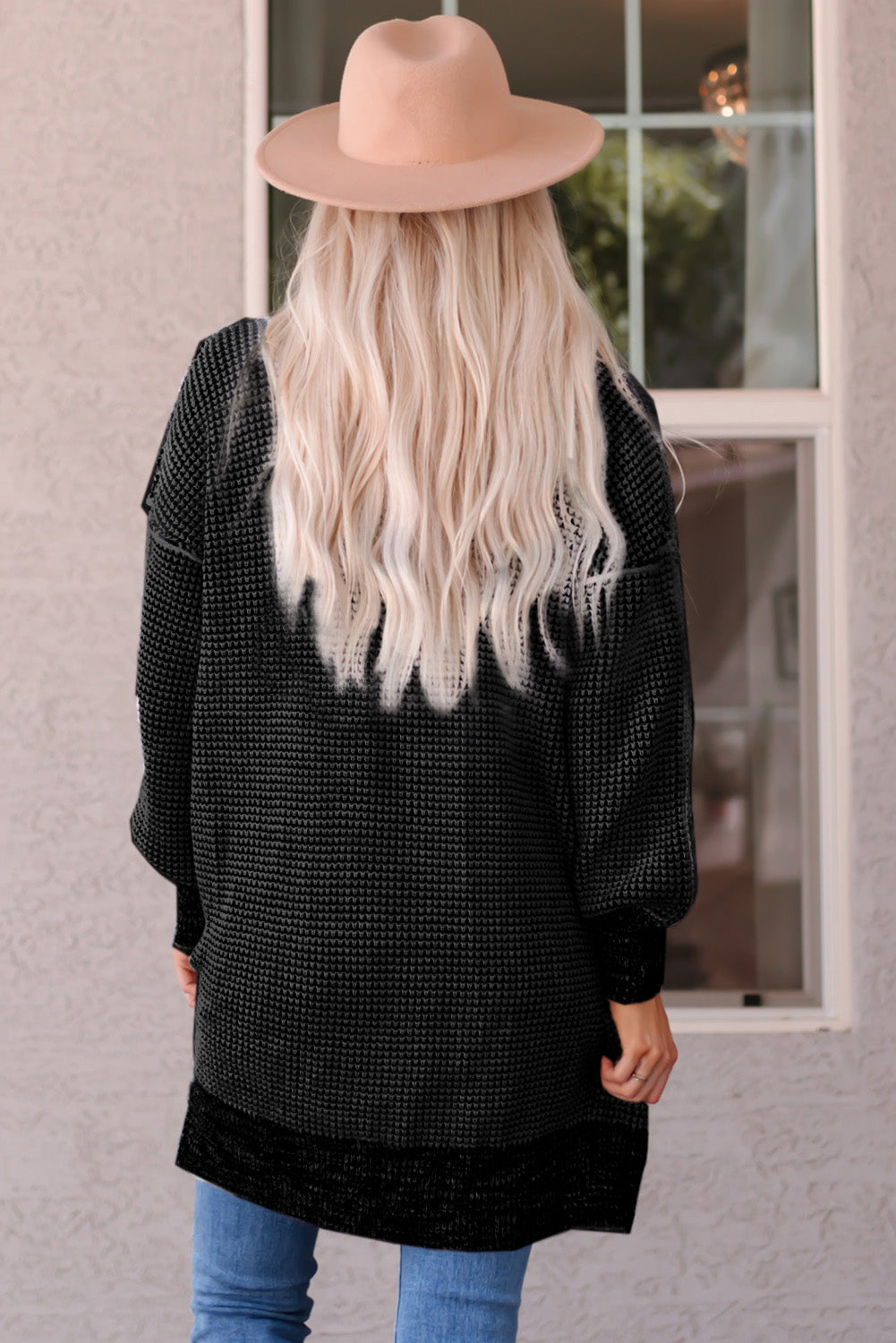 Black Plaid Knitted Long Open Front Cardigan