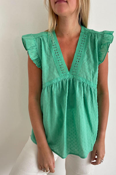 Green Eyelet V Neckline Ruffle Swiss Dot Top