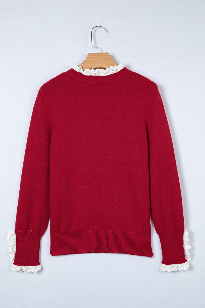 Racing Red Lace Trim Patchwork Buttoned Cuffs Loose Sweater