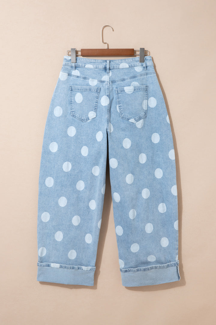 Sky Blue Polka Dot Ankle-Length Metal Button Casual Jeans