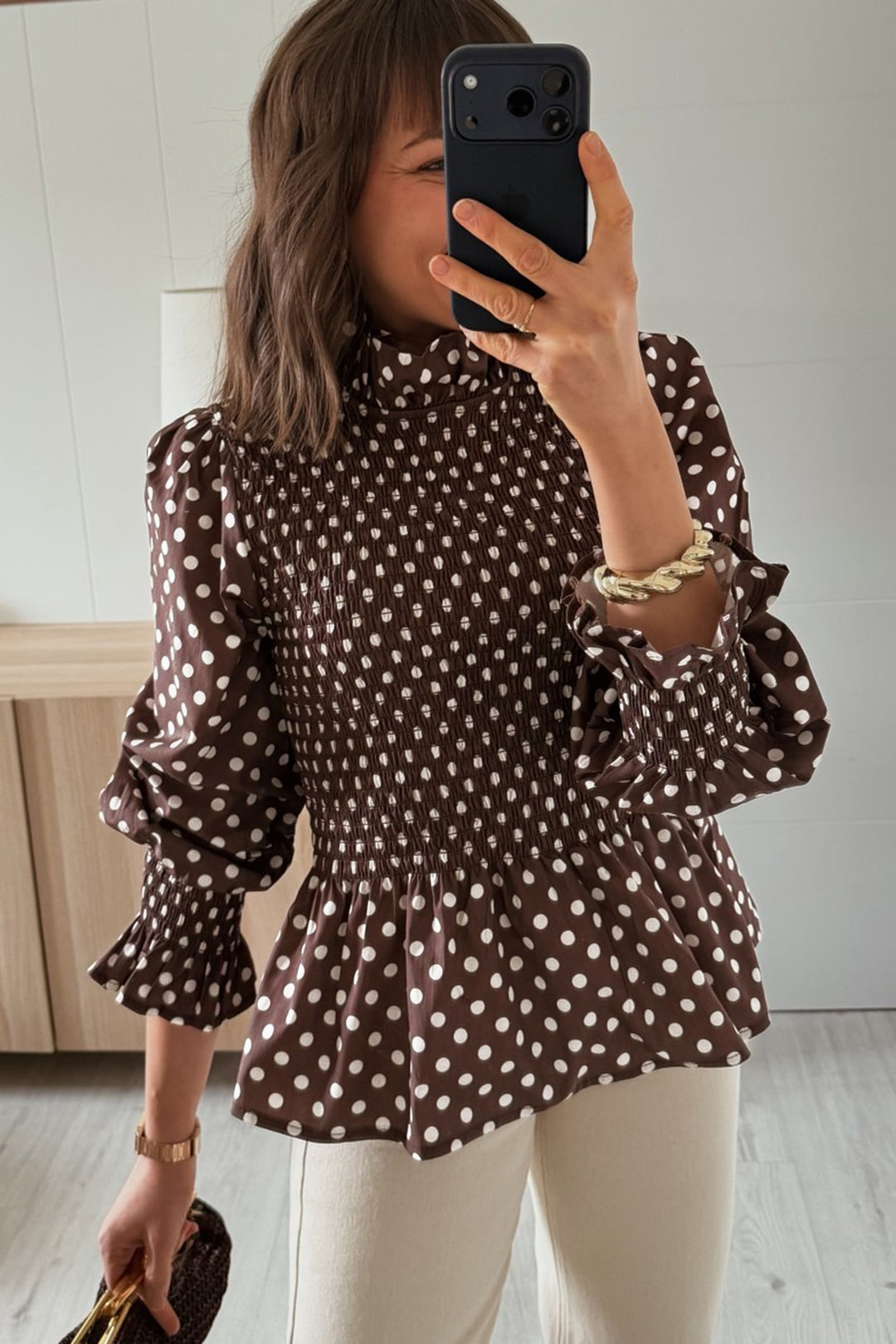 Brown Polka Dot Ruffled High Neck Shirred Ruffle Hem Blouse
