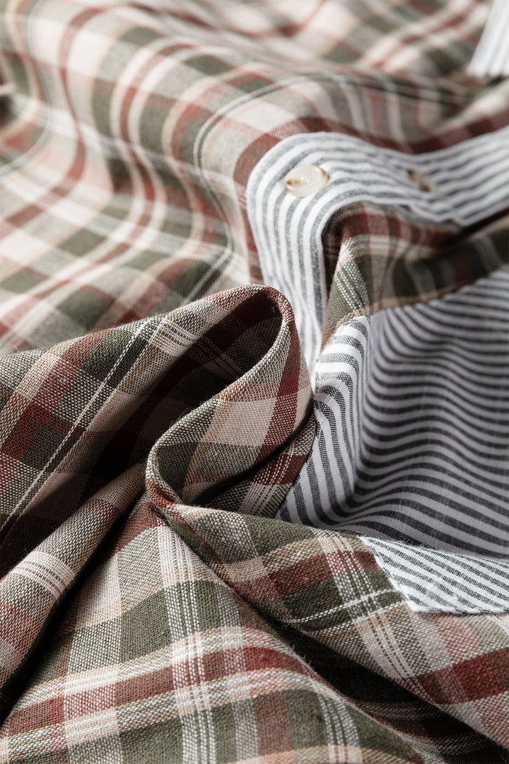 Brown Plaid Print Striped Patchwork Single Chest Pocket Buttoned Shirt