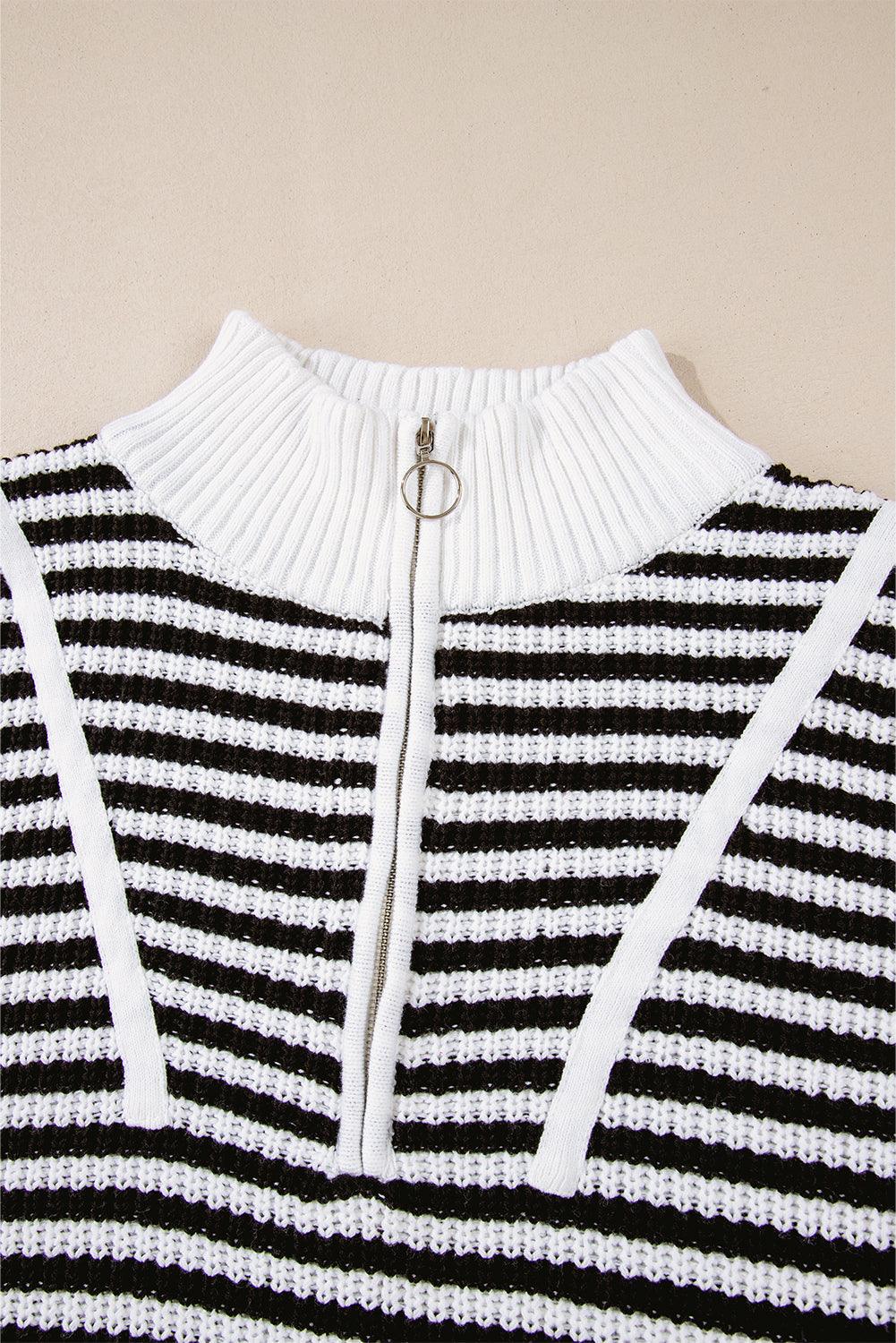 Black Stripe Zip up Collar Drop Shoulder Sweater