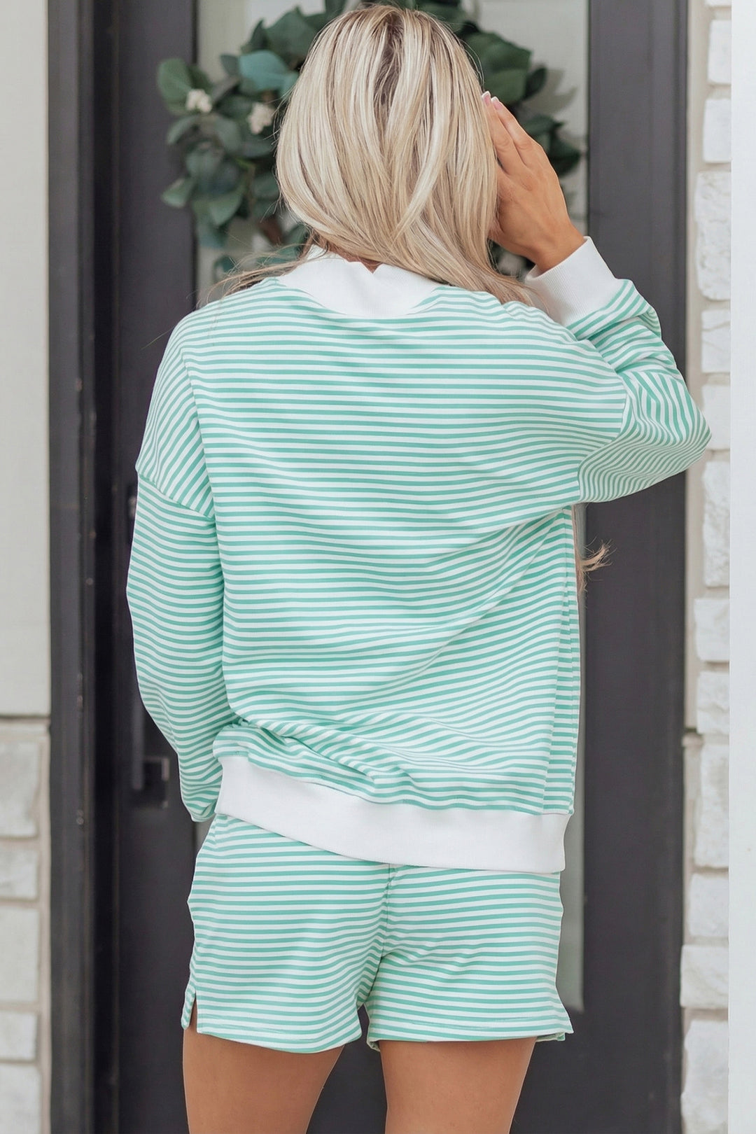 Sky Blue Stripe Oversize Mock Neck Sweatshirt and Shorts Set