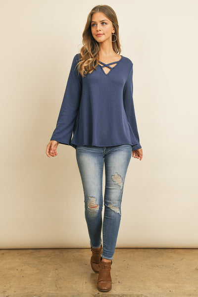 Criss Cross Neck Long Sleeve Hacci Top