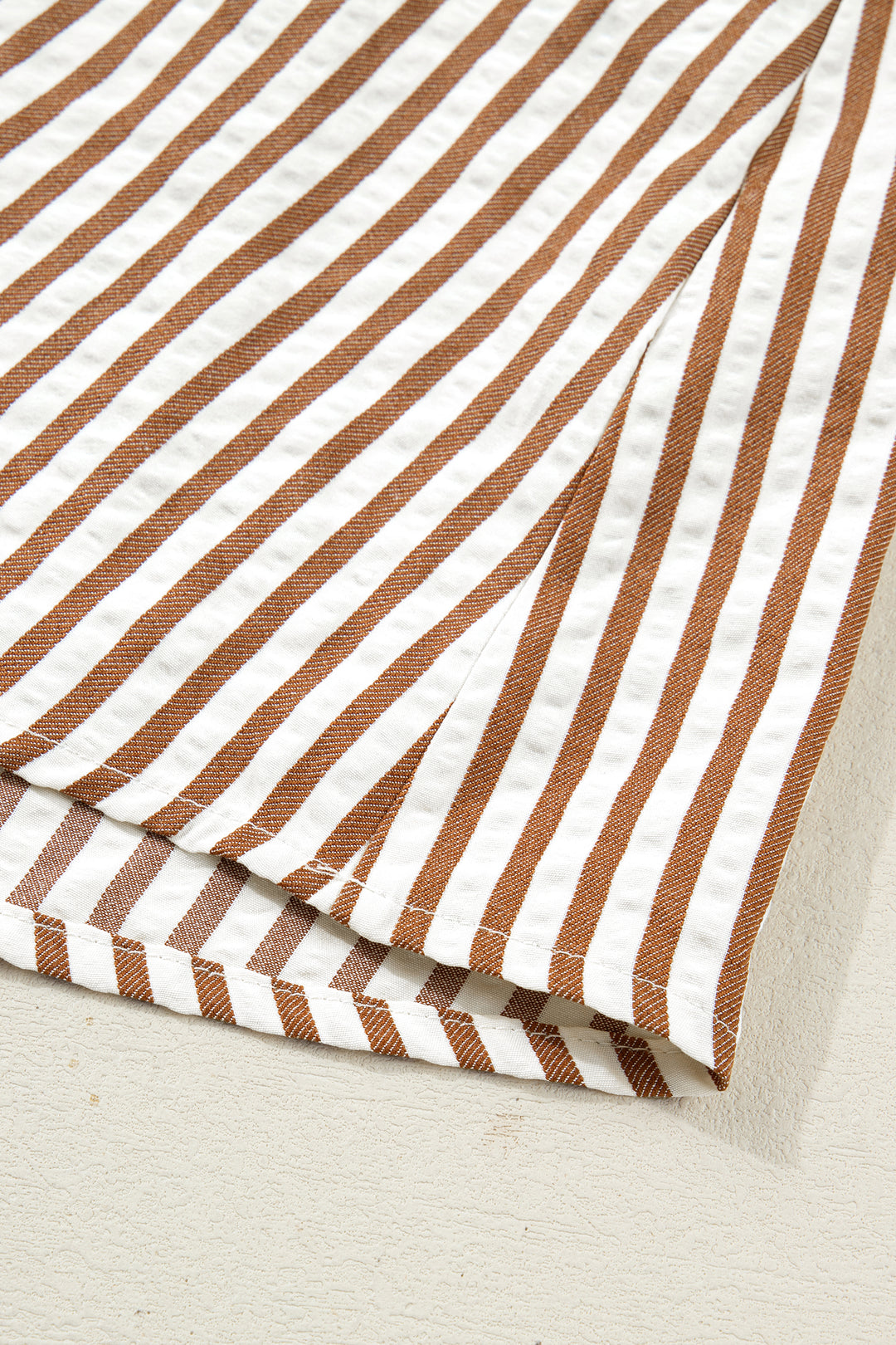 Brown Stripe Shirred V Neck Short Puff Sleeve Blouse