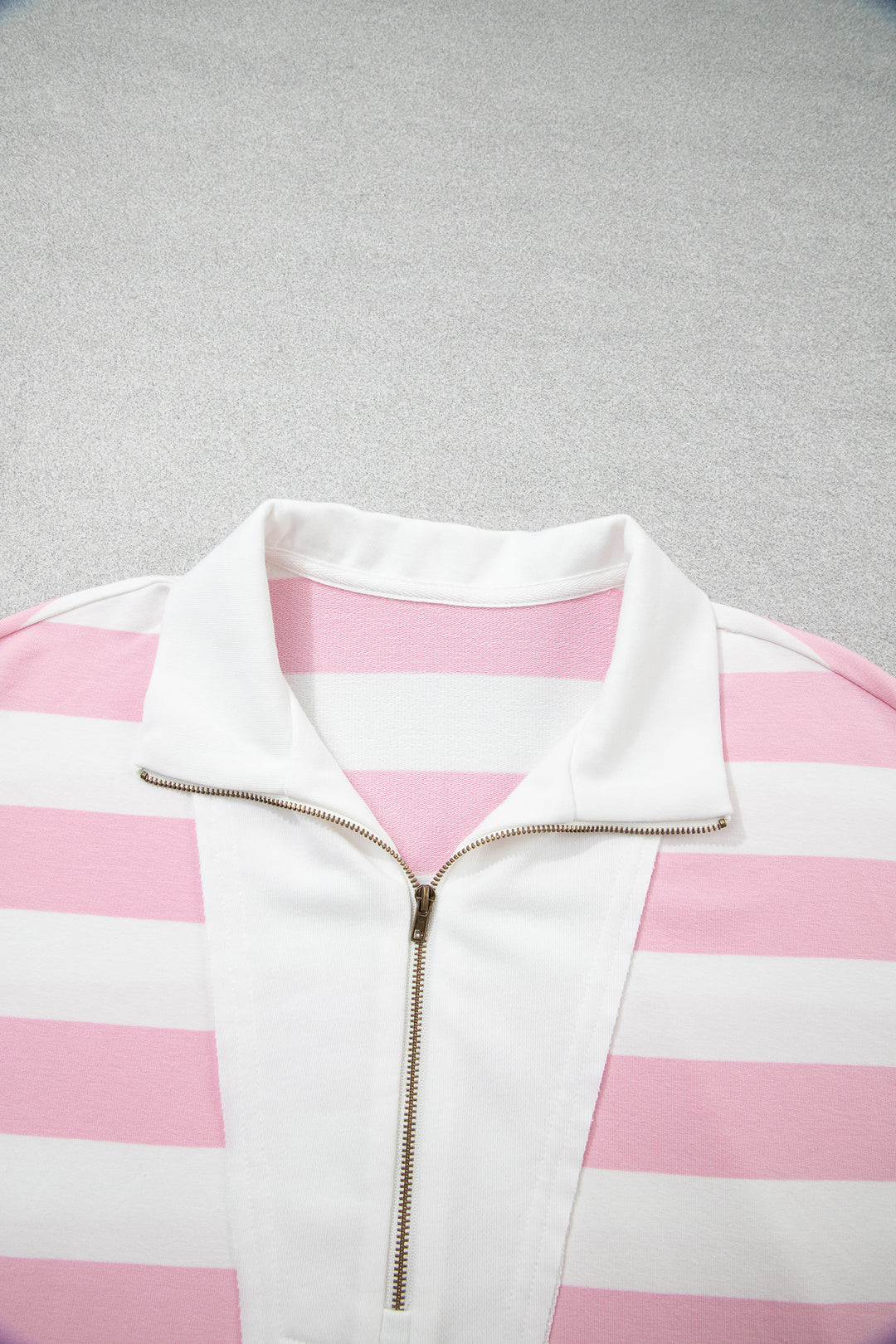 Pink Stripe Color Block Patchwork Zip Long Sleeve Top Elastic Waist Pants Set