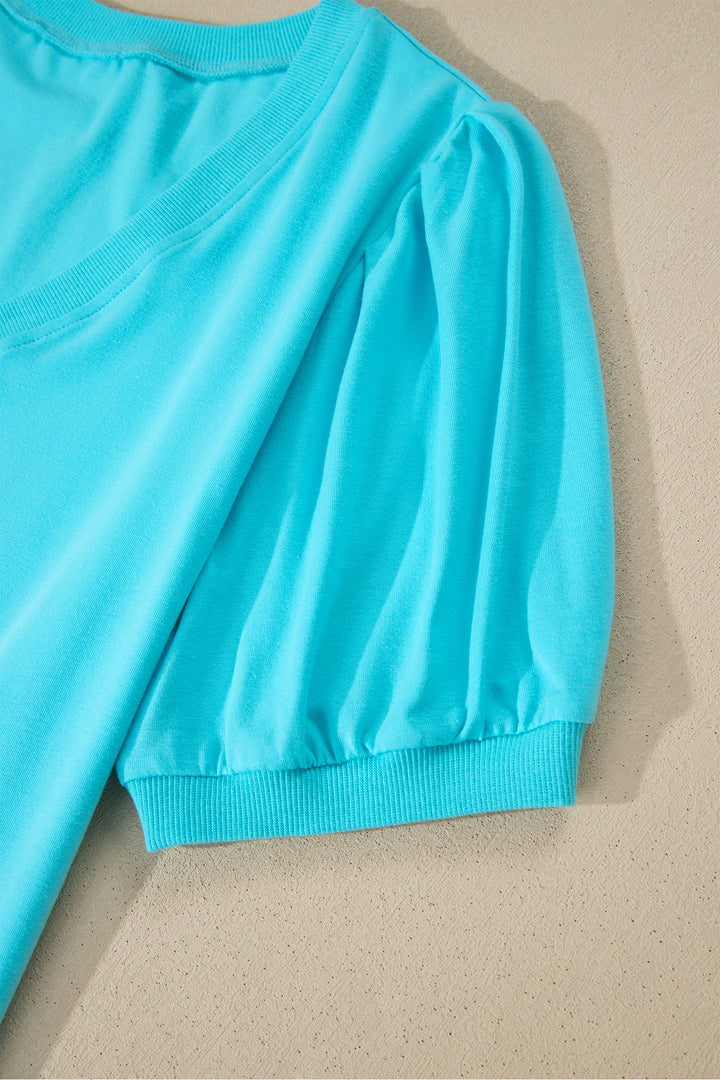 Mint Green Solid Color V Neck Short Puff Sleeve Blouse