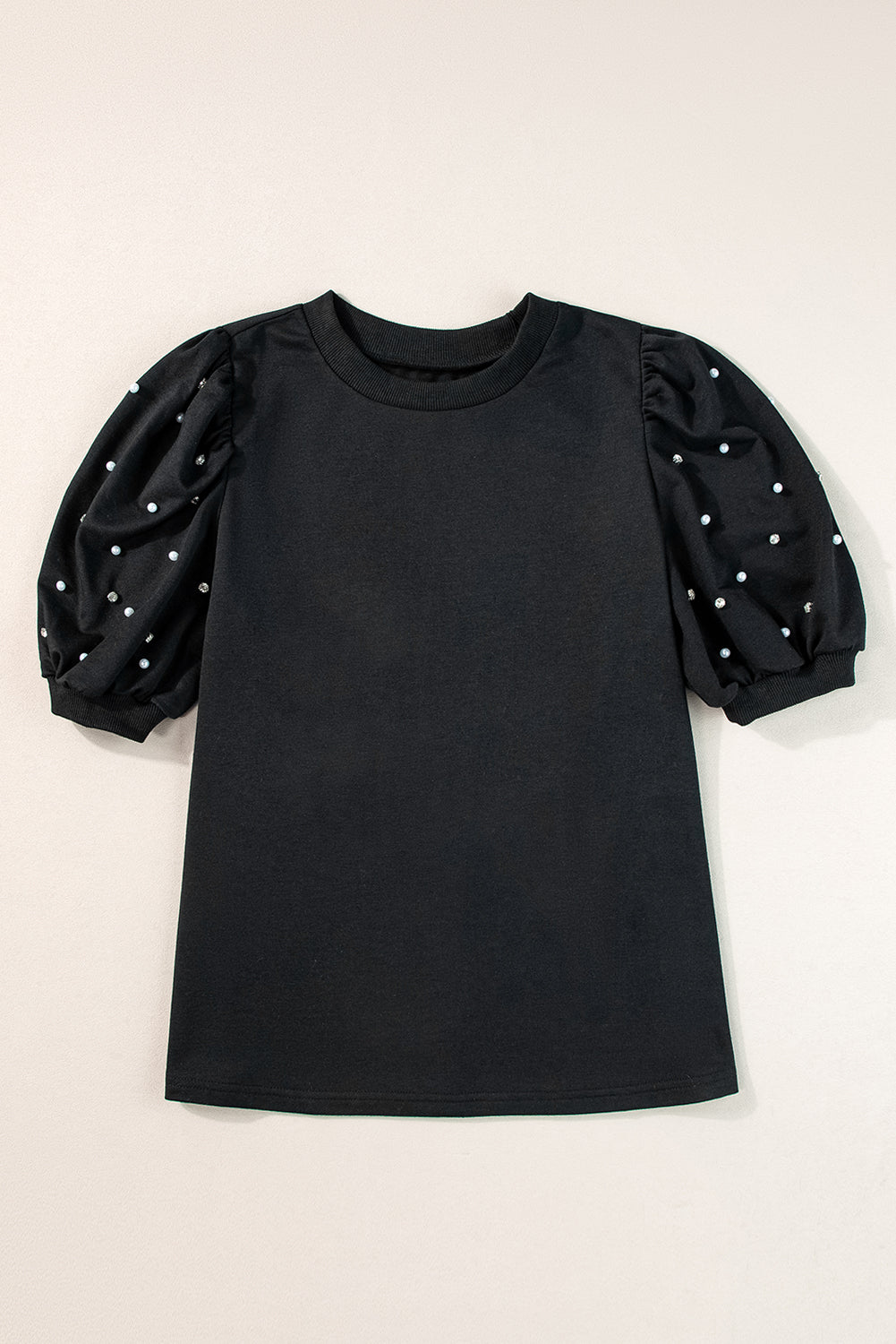 Black Rhinestone Pearl Puff Half Sleeve Top