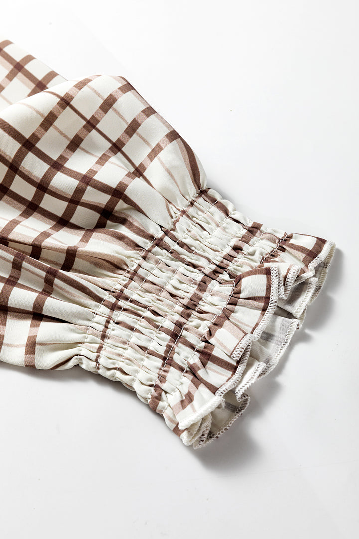 White Plaid Print Frilled Puffy Half Sleeve Blouse
