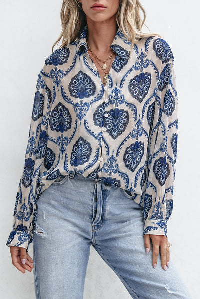 Blue Tribal Pattern Buttoned Front Loose Shirt