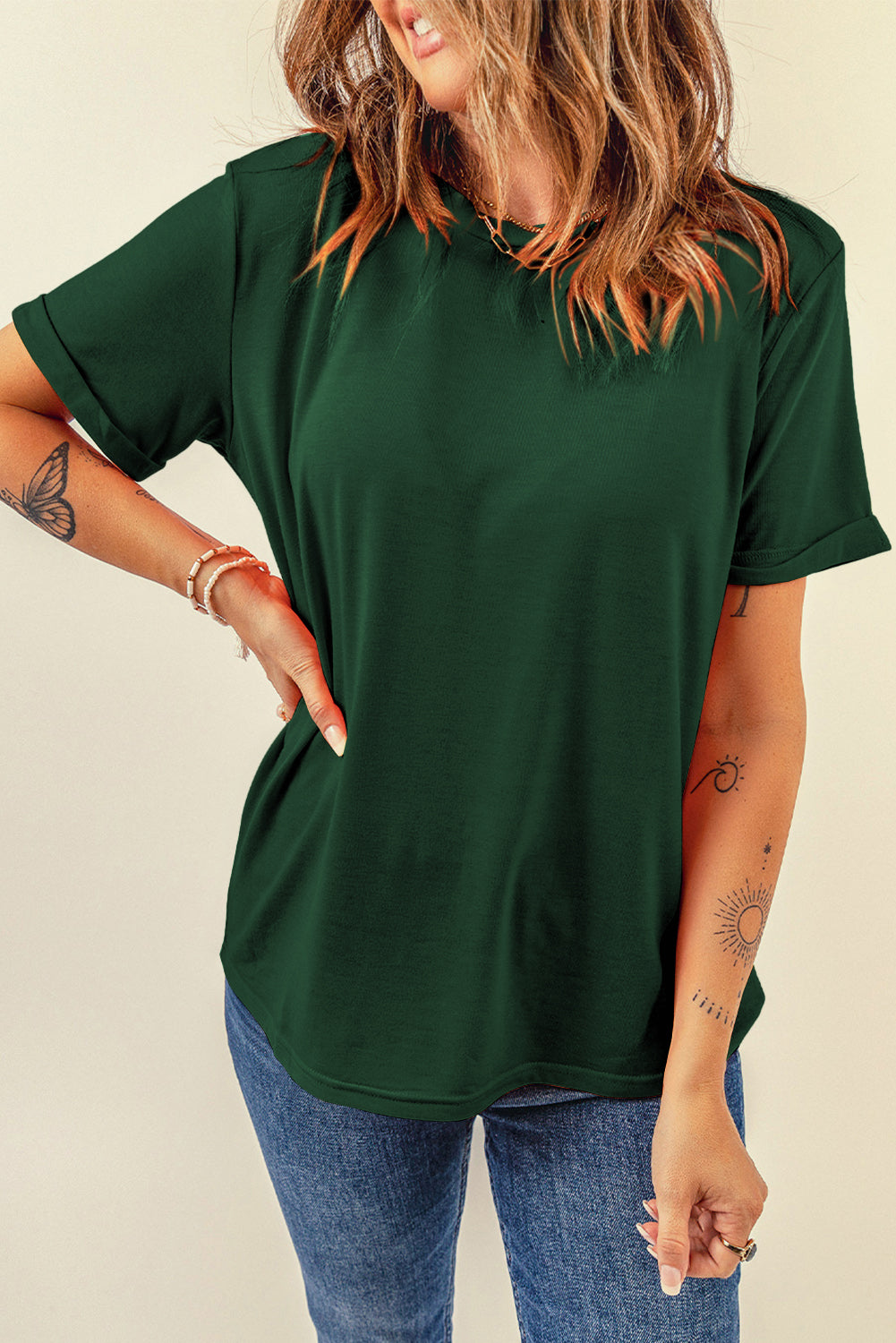 Green Casual Plain Crew Neck Tee