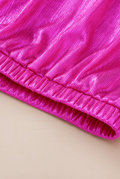 Bright Pink Ruched Sleeves Knotted Backless Blouse