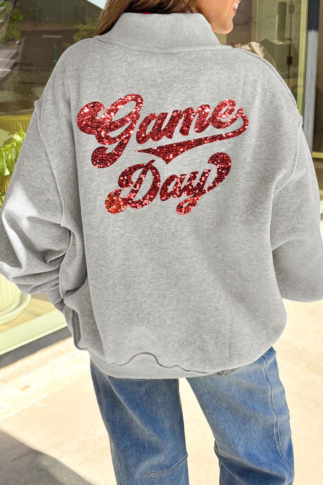 Light Grey Football Patch Sequin Game Day Lettering Mock Neck Tunic Sweatshirt