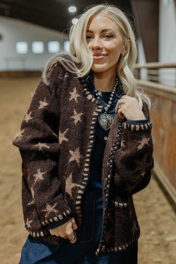 Brown Stars Pattern Colorblock Long Sleeve Shift Cardigan