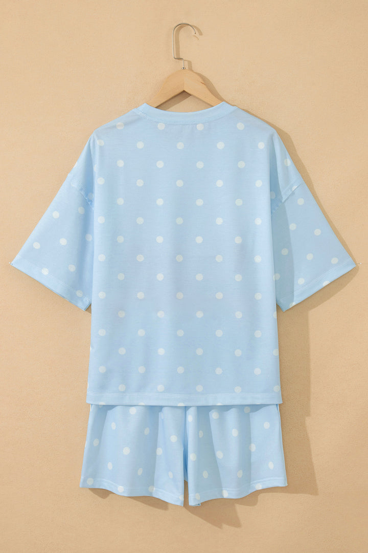 Yellow Exposed Seam Detail Polka Dot Loose Tee Drawstring Shorts Set