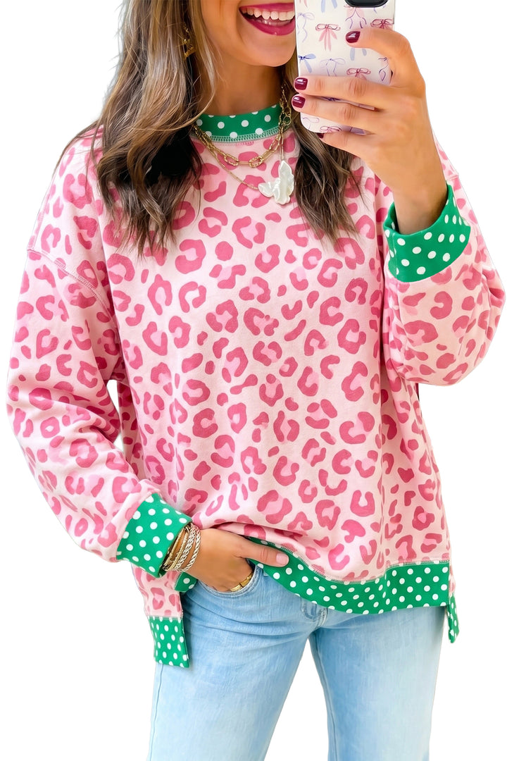 Khaki Leopard Polka Dot Colorblock Trim Long Sleeve Top