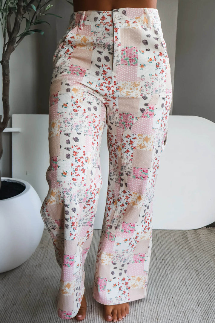Pink Floral Patchwork Wide Leg Full Length Jeans