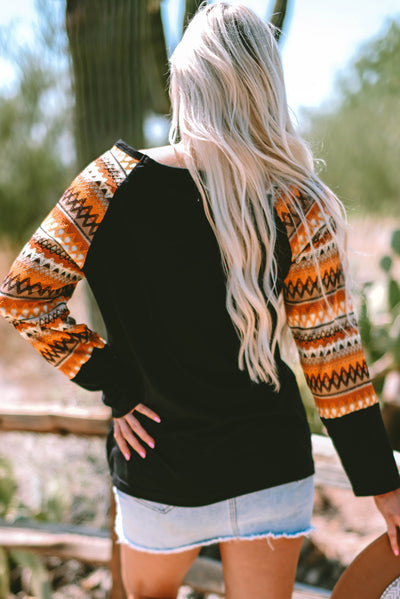 Orange Geo Print Raglan Patchwork Long Sleeve Tee