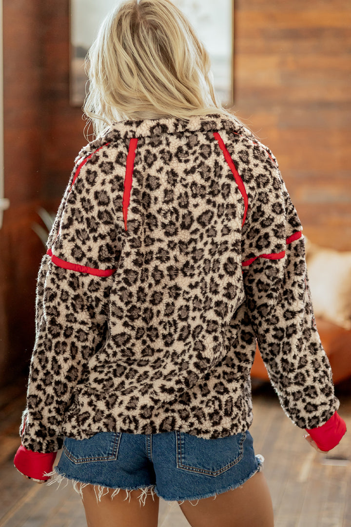 Brown Leopard Print Zip-Up Red Accents Pockets Sweatshirt