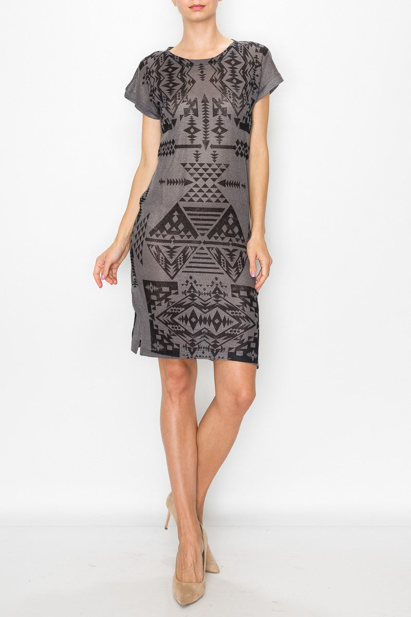 Short Sleeve Aztec Print Dress - Grey