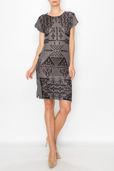 Short Sleeve Aztec Print Dress - Grey