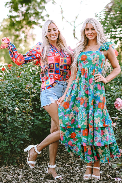 White Checkered Flower Print Bubble Sleeve Blouse