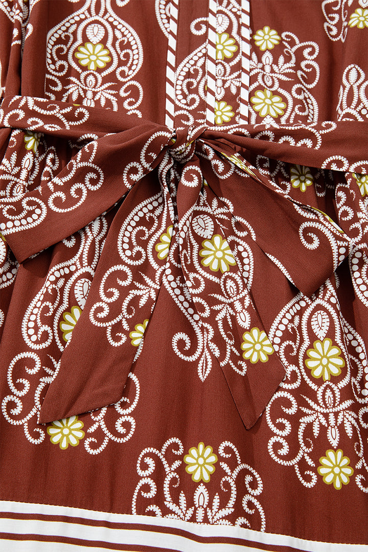 Brown Floral Print Belted Striped Trim Tiered Maxi Dress