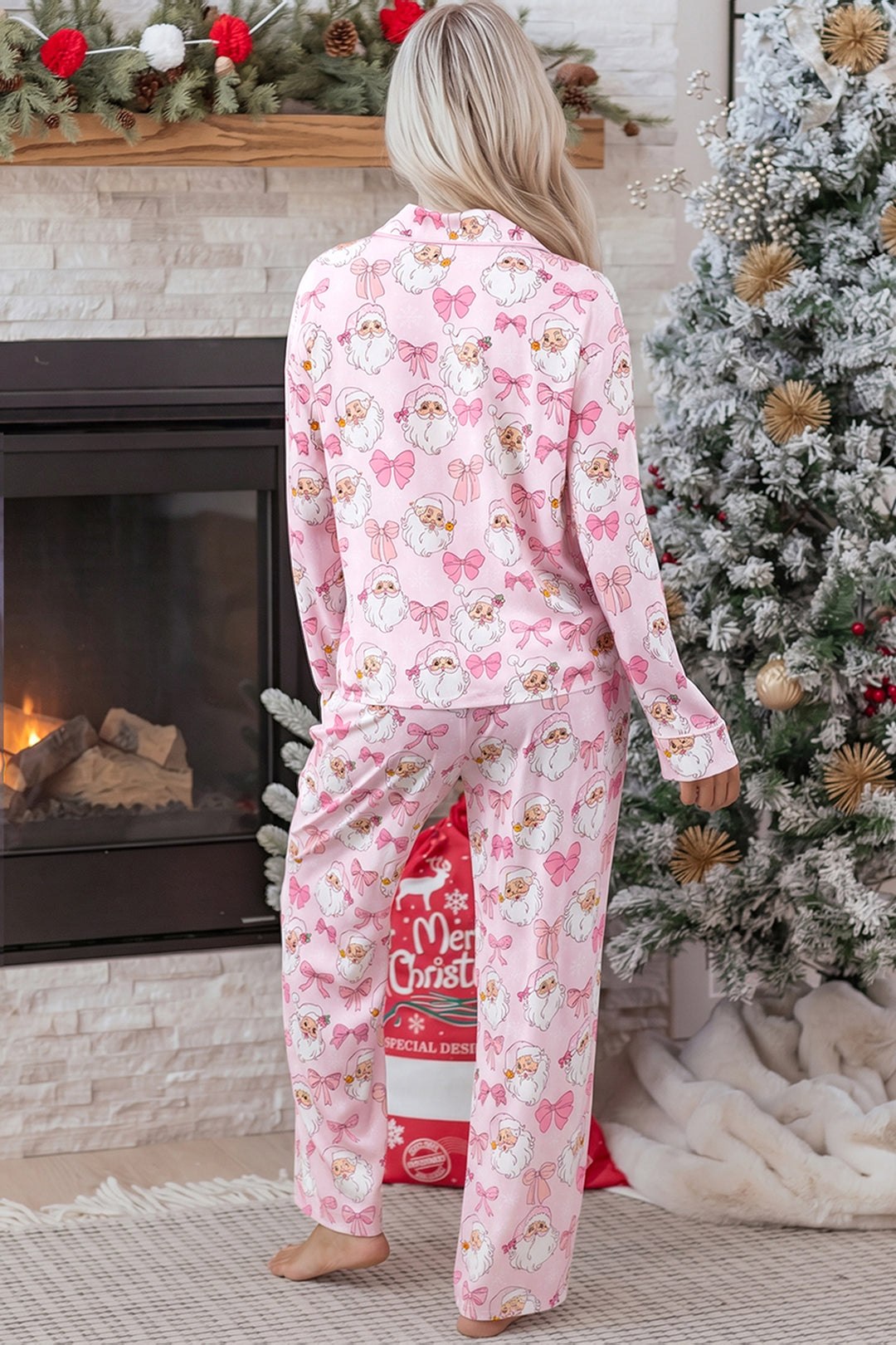 Pink Abstract Santa Print Long Sleeve Full-Length 2Pcs Lounge Set