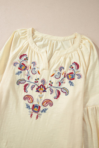 Apricot Paisley Floral Embroidered Notch V Neck Blouse